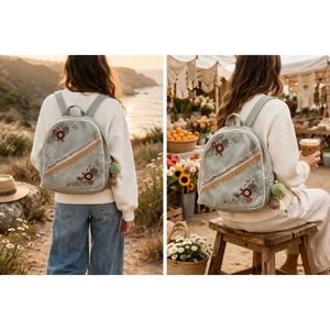 Earthbound Trading Co Sage Green Floral Embroidered Boho Canvas Backpack Tassel
